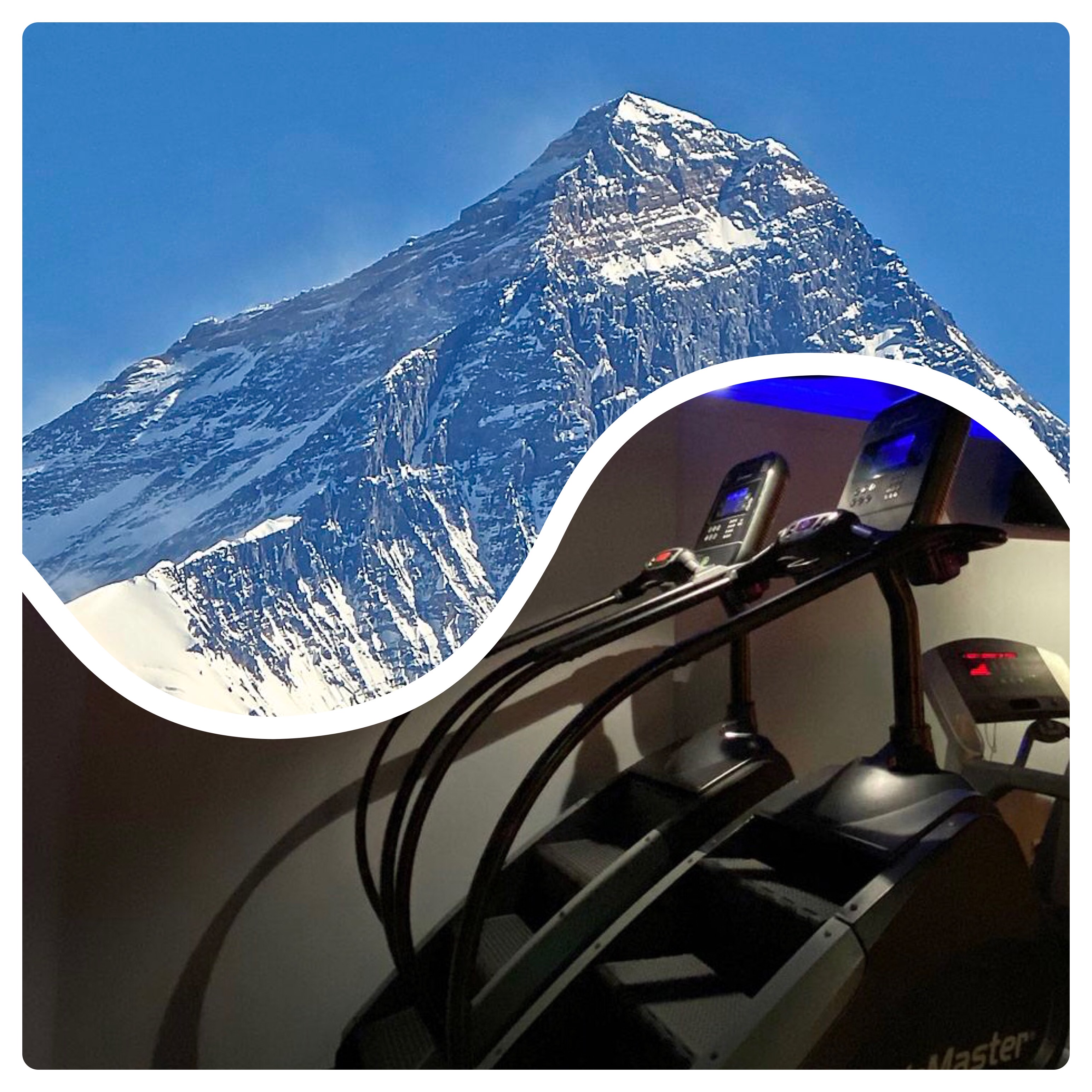 #FearnoUpEverest stairmaster challenge — composite image of Everest peak and stairmaster machine